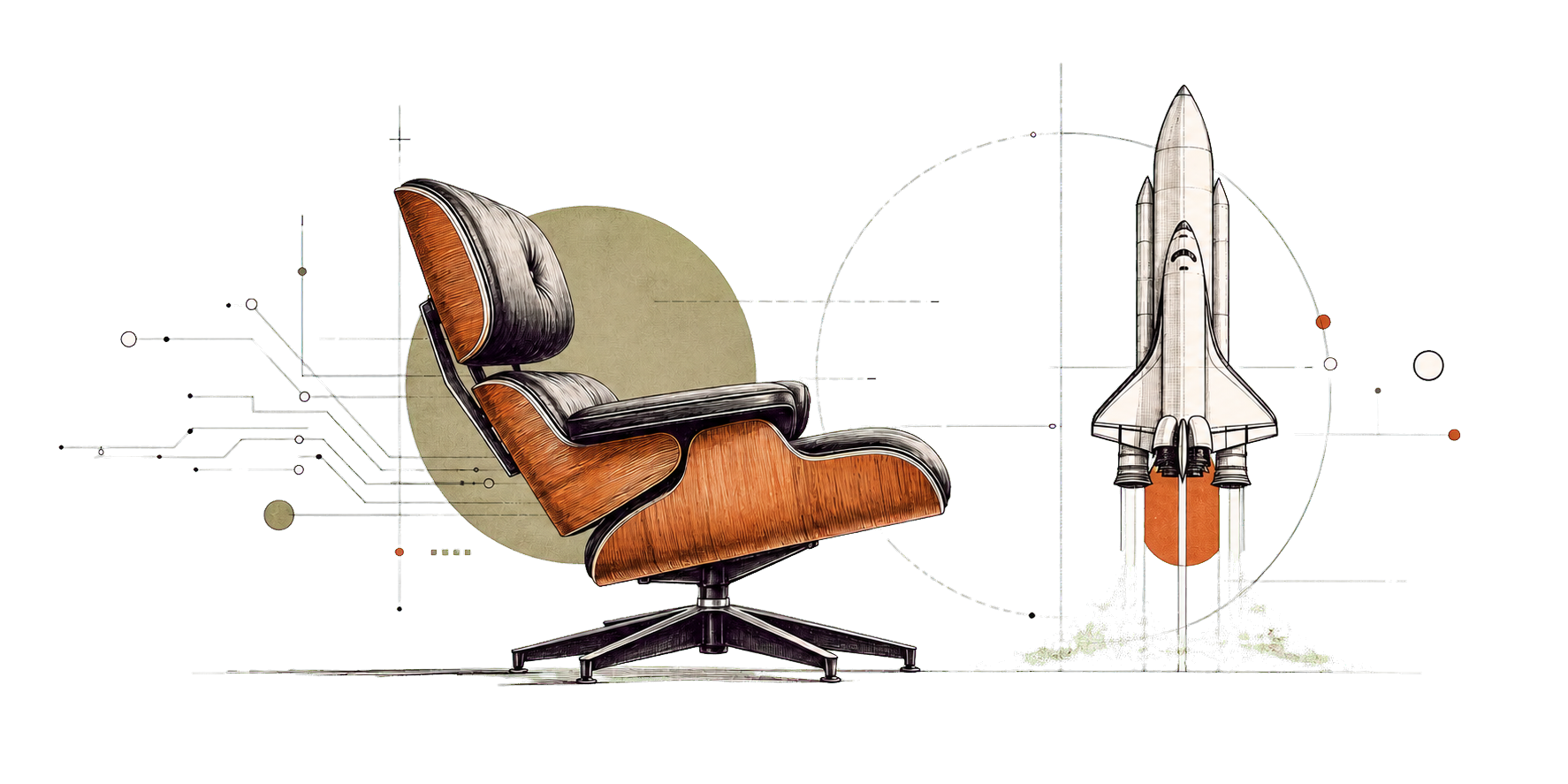 Architectural ink and watercolor drawing of a lounge chair, circuit lines, and a rocket